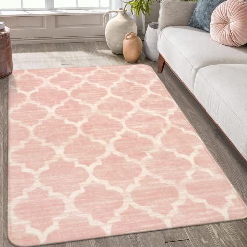 Lahome Moroccan Washable Rugs - 3x5 Pink Rugs for Bedroom Throw Kids Nursery for Baby Girls Bedside Rug Non-Slip Kitchen Area Rug Modern Trellis Carpet Rug for Living Room Entryway Laundry Bath