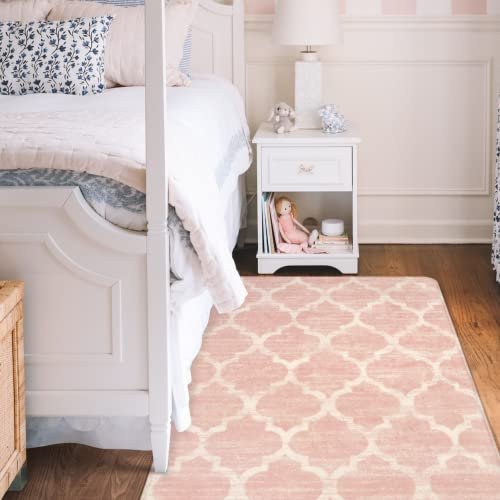 Lahome Moroccan Washable Rugs - 3x5 Pink Rugs for Bedroom Throw Kids Nursery for Baby Girls Bedside Rug Non-Slip Kitchen Area Rug Modern Trellis Carpet Rug for Living Room Entryway Laundry Bath