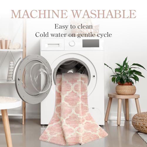 Lahome Moroccan Washable Rugs - 3x5 Pink Rugs for Bedroom Throw Kids Nursery for Baby Girls Bedside Rug Non-Slip Kitchen Area Rug Modern Trellis Carpet Rug for Living Room Entryway Laundry Bath