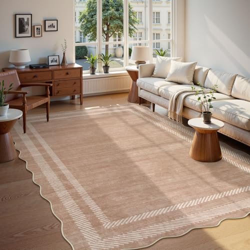Lahome Scalloped Washable Area Rugs 5x7, Soft Nursery Rug for Bedroom Girls, Modern Bordered Ultra-Thin Non Slip Solid Throw Carpet for Living Room Classroom Office, Almond