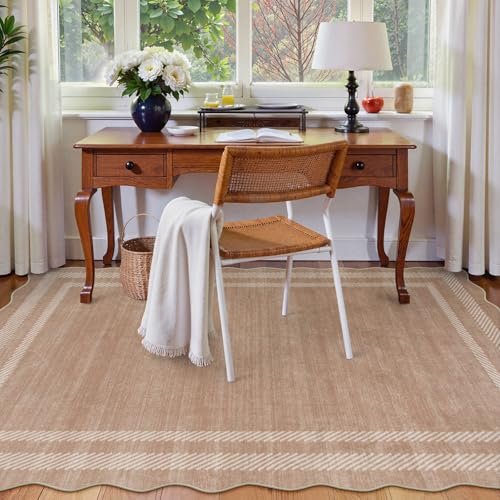 Lahome Scalloped Washable Area Rugs 5x7, Soft Nursery Rug for Bedroom Girls, Modern Bordered Ultra-Thin Non Slip Solid Throw Carpet for Living Room Classroom Office, Almond