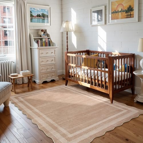 Lahome Scalloped Washable Area Rugs 5x7, Soft Nursery Rug for Bedroom Girls, Modern Bordered Ultra-Thin Non Slip Solid Throw Carpet for Living Room Classroom Office, Almond