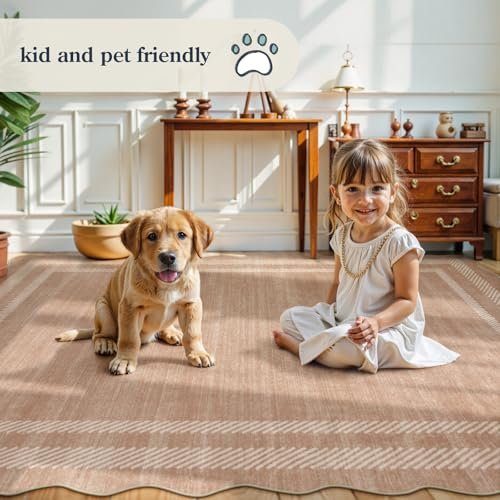Lahome Scalloped Washable Area Rugs 5x7, Soft Nursery Rug for Bedroom Girls, Modern Bordered Ultra-Thin Non Slip Solid Throw Carpet for Living Room Classroom Office, Almond