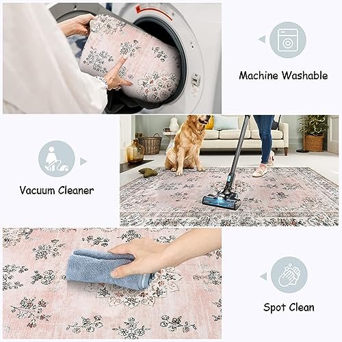 Lahome Washable Pink Round Rug 4ft, Soft Boho Circle Rug for Nursery and Girls, Small Floral Round Area Rug Non-Slip, Pastel Circular Carpet for Bedroom Indoor Floor Home Office Decor