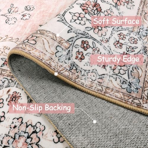 Lahome Washable Pink Round Rug 4ft, Soft Boho Circle Rug for Nursery and Girls, Small Floral Round Area Rug Non-Slip, Pastel Circular Carpet for Bedroom Indoor Floor Home Office Decor