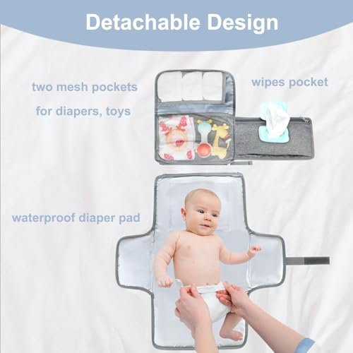 LANDICI Portable Diaper Changing Pad for Newborn Girl & Boy, Travel Waterproof Baby Changing Pad with Smart Wipes Pocket, Detachable Diaper Changing Mat, Gifts for Baby Newborn Essentials, Grey