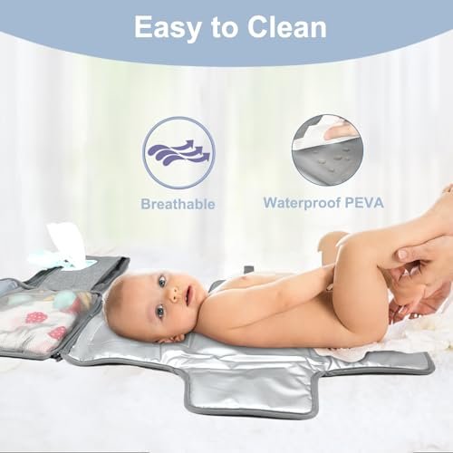 LANDICI Portable Diaper Changing Pad for Newborn Girl & Boy, Travel Waterproof Baby Changing Pad with Smart Wipes Pocket, Detachable Diaper Changing Mat, Gifts for Baby Newborn Essentials, Grey