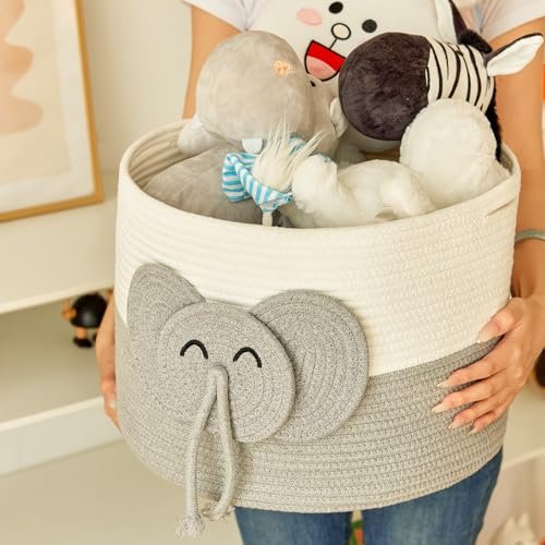 Large Baby Cute Storage Basket for Organizing -Elephant White & Grey 15""x15""x11"", 2024282319065