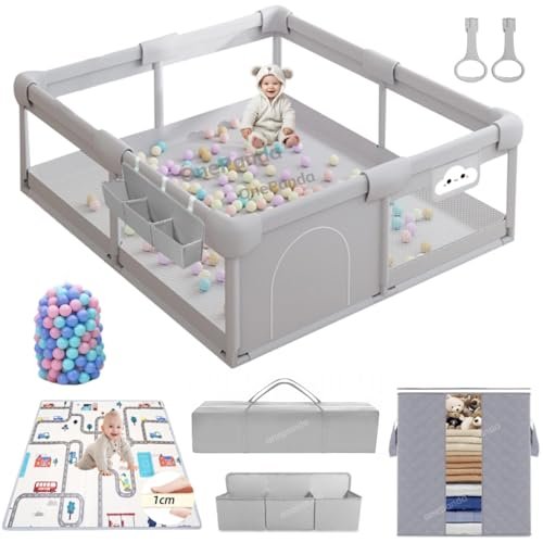 Large Baby Playpen with Mat, 71“x59“ playard for Babies and Toddlers, Big Playpen with Storage Bag, Ocean Balls, Playard Gym for Babies, Activity Center, Kids Fence Light Gray (71“x 59”)