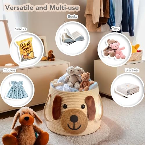 Large Dog Woven Basket with Handles - Toy Storage Bin, Baby Gift & Animal Nursery & Cute Laundry Basket, for Clothes, Towels, Dog/Cat Toys