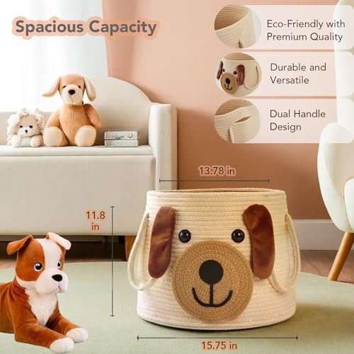 Large Dog Woven Basket with Handles - Toy Storage Bin, Baby Gift & Animal Nursery & Cute Laundry Basket, for Clothes, Towels, Dog/Cat Toys