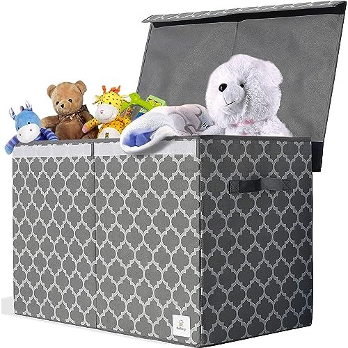Large Toy Box Chest with Lid - Collapsible Sturdy Toy Bin Storage Organizer Boxes Baskets for Kids, Boys, Girls, Nursery, Playroom, Bedroom, 25"x16"x13", Grey