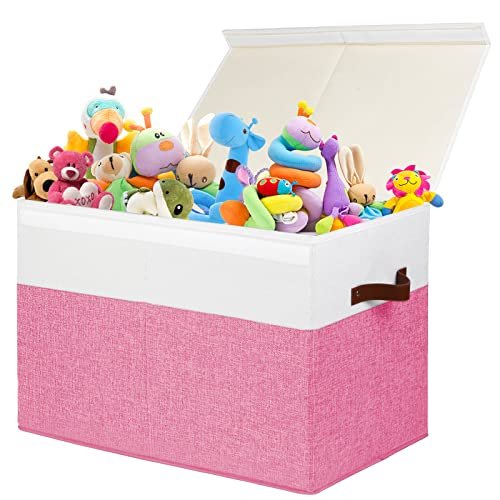 Large Toy Box with Lid, Sturdy Toy Storage Chest Bin Boxes Organizer Basket with Dividers for Toddlers, Kids, Boys, Girls, Nursery, Closet, Bedroom, Playroom 25"x13" x16" (Pink and White)