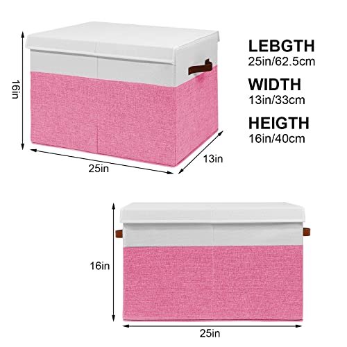 Large Toy Box with Lid, Sturdy Toy Storage Chest Bin Boxes Organizer Basket with Dividers for Toddlers, Kids, Boys, Girls, Nursery, Closet, Bedroom, Playroom 25"x13" x16" (Pink and White)
