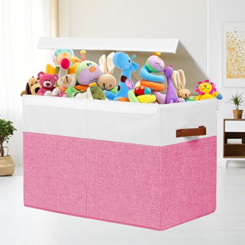 Large Toy Box with Lid, Sturdy Toy Storage Chest Bin Boxes Organizer Basket with Dividers for Toddlers, Kids, Boys, Girls, Nursery, Closet, Bedroom, Playroom 25"x13" x16" (Pink and White)