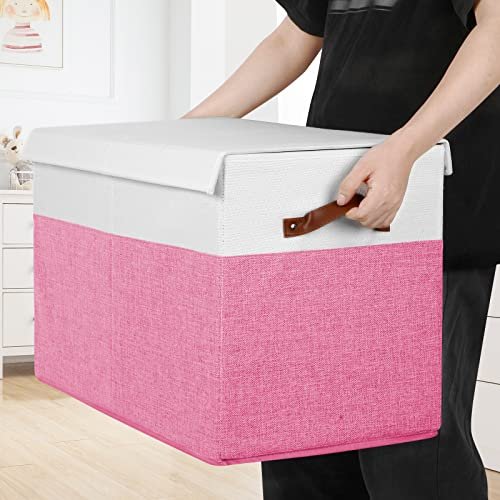 Large Toy Box with Lid, Sturdy Toy Storage Chest Bin Boxes Organizer Basket with Dividers for Toddlers, Kids, Boys, Girls, Nursery, Closet, Bedroom, Playroom 25"x13" x16" (Pink and White)