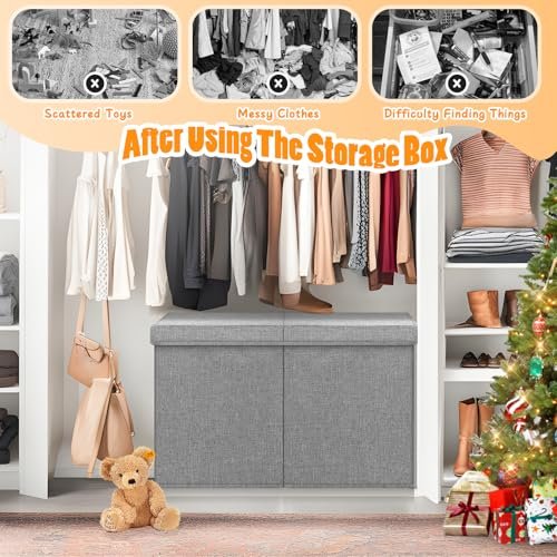 Large Toy Storage Box with Lid Divider, Sturdy Collapsible Toys Organizer Chest Kids Storage Bins Boxes Baskets for Boys, Girls, Nursery, Bedroom, Living Room, Playroom, 25"x13"x16", Gray