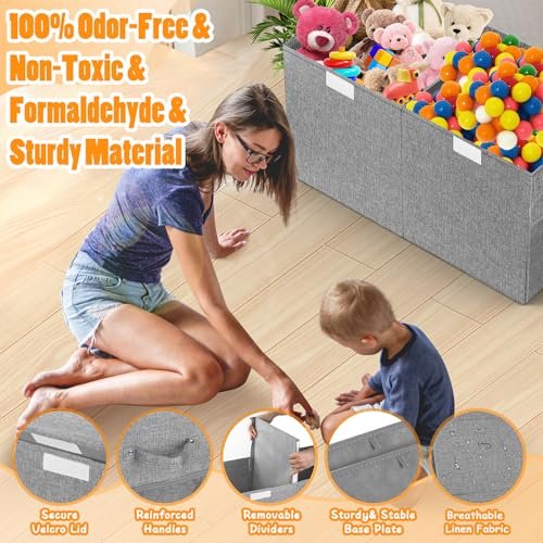 Large Toy Storage Box with Lid Divider, Sturdy Collapsible Toys Organizer Chest Kids Storage Bins Boxes Baskets for Boys, Girls, Nursery, Bedroom, Living Room, Playroom, 25"x13"x16", Gray