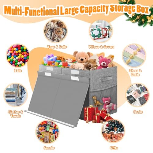 Large Toy Storage Box with Lid Divider, Sturdy Collapsible Toys Organizer Chest Kids Storage Bins Boxes Baskets for Boys, Girls, Nursery, Bedroom, Living Room, Playroom, 25"x13"x16", Gray