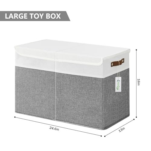 Large Toy Storage Box with Lids, Collapsible Sturdy Baby Storage Organizer Chest Bin Basket for Kids, Boys, Girls, Playroom, Nursery, Bedroom, Closet 25"x13"x16" (Gray and White)