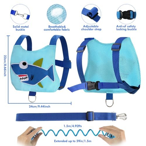 Lehoo Castle Baby Leashes for Toddlers, Toddler Leash for Boys, 4-in-1 Toddler Safety Harness Leash + Anti Lost Wrist Link, Kid Leashes for Walking(Shark Blue)