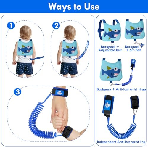 Lehoo Castle Baby Leashes for Toddlers, Toddler Leash for Boys, 4-in-1 Toddler Safety Harness Leash + Anti Lost Wrist Link, Kid Leashes for Walking(Shark Blue)