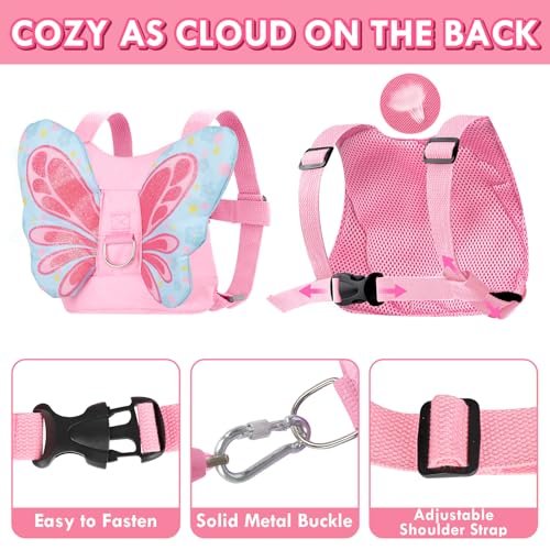 Lehoo Castle Toddler Leash for 1-5 Years, Baby Safety Harness for Girls with Anti-Lost Key Lock & Adjustable Strap, 3-in-1 Wrist Leash and Kids Backpack Harness for Walking Travel (Pink Butterfly)