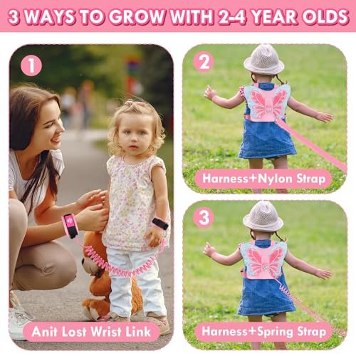 Lehoo Castle Toddler Leash for 1-5 Years, Baby Safety Harness for Girls with Anti-Lost Key Lock & Adjustable Strap, 3-in-1 Wrist Leash and Kids Backpack Harness for Walking Travel (Pink Butterfly)