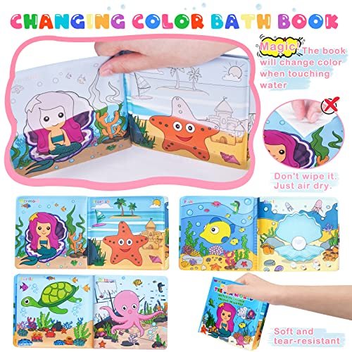 Light Up Bath Toys for Toddlers Kids Girls Baby, No Hole Glow Bath Toys with Bath Book & Organizer, Led Light Bath Time Water Toys for Bath Tubs Bathrooms Pool, Gift for Toddlers Girls Infants