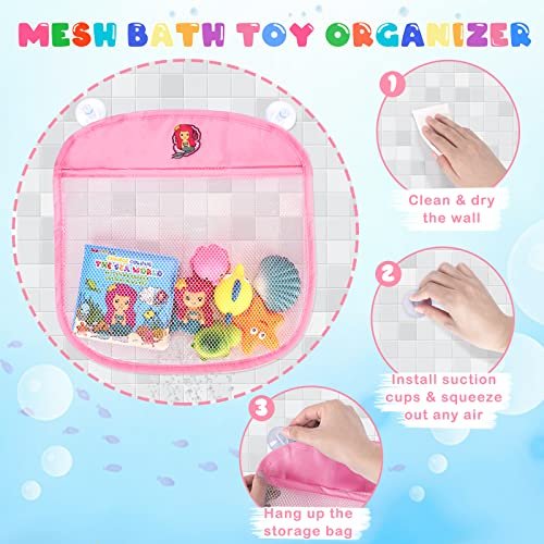 Light Up Bath Toys for Toddlers Kids Girls Baby, No Hole Glow Bath Toys with Bath Book & Organizer, Led Light Bath Time Water Toys for Bath Tubs Bathrooms Pool, Gift for Toddlers Girls Infants