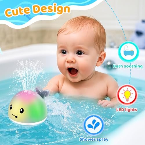Light Up Whale Bath Toys Sprinkler for Babies 6-12 12-18 Months, Kids Ages 1-3 2-4, Baby Infant Toddler Pool Water Fountain Bathtub Toys for 1 Year Old Boys Girls, Birthday Gifts