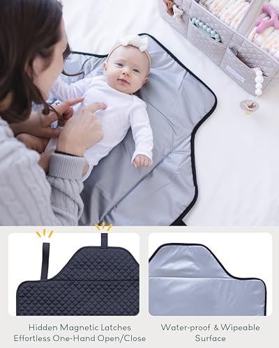 Lily Miles Baby Changing Pad Portable, Diaper Changing Mat with Magnetic Latches, Travel Pad for Diaper Bag, Baby Essentials, Wipeable & Waterproof Mat (Black Twill, Large)