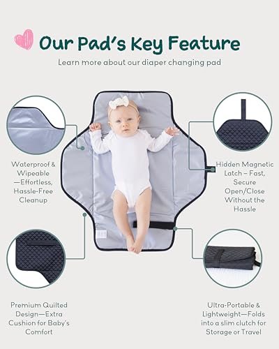 Lily Miles Baby Changing Pad Portable, Diaper Changing Mat with Magnetic Latches, Travel Pad for Diaper Bag, Baby Essentials, Wipeable & Waterproof Mat (Black Twill, Large)