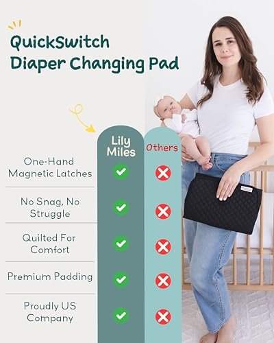 Lily Miles Baby Changing Pad Portable, Diaper Changing Mat with Magnetic Latches, Travel Pad for Diaper Bag, Baby Essentials, Wipeable & Waterproof Mat (Black Twill, Large)