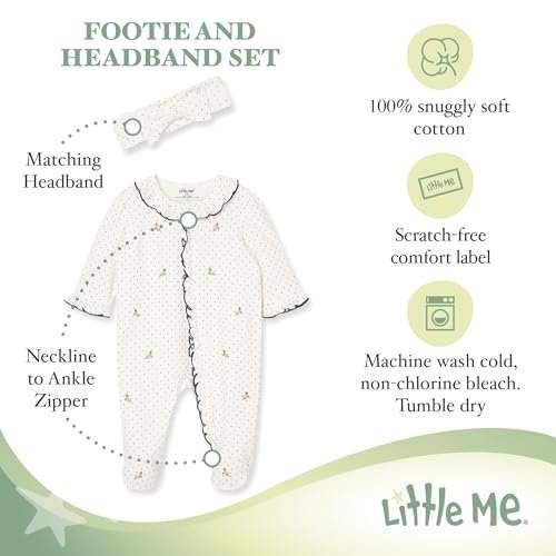 Little Me Baby Girls 100% Cotton 2-piece Zipper Closure Footie and Headband Set