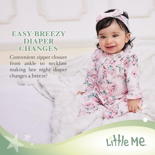 Little Me Baby Girls 100% Cotton 2-piece Zipper Closure Footie and Headband Set
