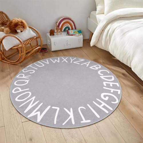LIVEBOX Grey ABC Kids Rug for Playroom, Small Round Rug for Baby Nursery, Non-Slip Washable Rug for Kids Room, Soft Circle Carpet Learning Crawling Mat for Classroom Dorm(40",Grey)