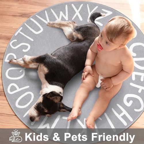 LIVEBOX Grey ABC Kids Rug for Playroom, Small Round Rug for Baby Nursery, Non-Slip Washable Rug for Kids Room, Soft Circle Carpet Learning Crawling Mat for Classroom Dorm(40",Grey)