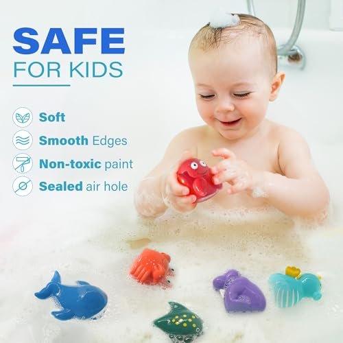 LotFancy Bath Toy, 8PCS Bath Toys for Kids Ages 1-3, Mold Free Baby Bath Toys for Toddlers 2-4, No Holes Ocean Sea Animal Bathtub Toys, Soft Bath Tub Toys