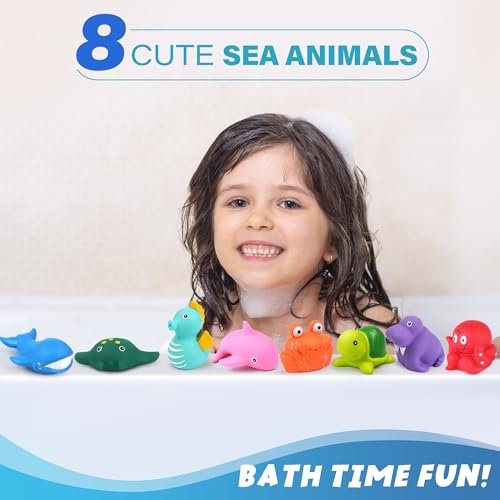 LotFancy Bath Toy, 8PCS Bath Toys for Kids Ages 1-3, Mold Free Baby Bath Toys for Toddlers 2-4, No Holes Ocean Sea Animal Bathtub Toys, Soft Bath Tub Toys