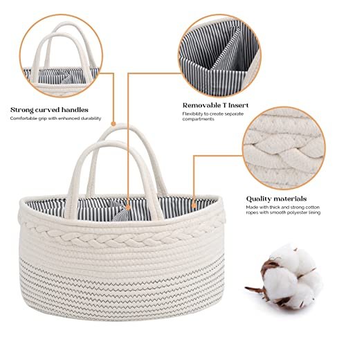 luxury little Diaper Caddy Organizer, Large Cotton Rope Nursery Baby Basket, Changing Table Organizer for Baby Diaper Storage, Portable Car Organizer with Removable Divider, Baby Shower Gifts - White