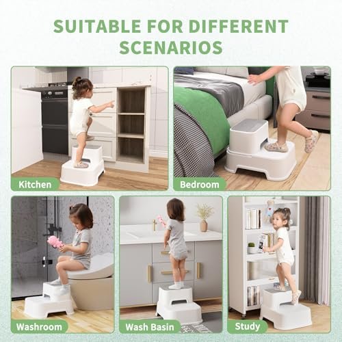 MangoHood Step Stools for Kids - Double up Toddlers Stool Multifunctional Toilet Stepping Stool for Kids Anti-Slip Step Stool for Bathroom Sink, Potty Training, Kitchen (White-1Pack)