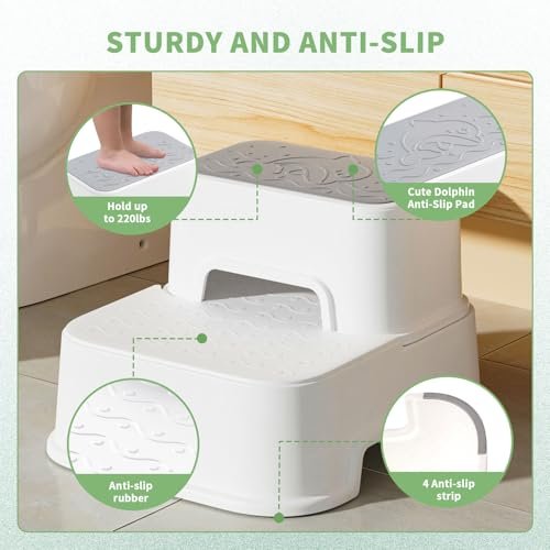 MangoHood Step Stools for Kids - Double up Toddlers Stool Multifunctional Toilet Stepping Stool for Kids Anti-Slip Step Stool for Bathroom Sink, Potty Training, Kitchen (White-1Pack)