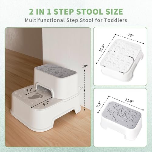 MangoHood Step Stools for Kids - Double up Toddlers Stool Multifunctional Toilet Stepping Stool for Kids Anti-Slip Step Stool for Bathroom Sink, Potty Training, Kitchen (White-1Pack)