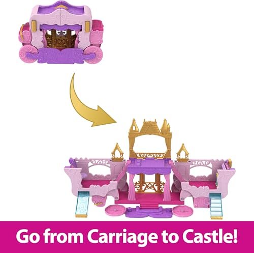 Mattel Disney Princess Toys, Carriage to Castle Transforming Playset with Aurora Small Doll, 4 Figures, Furniture & Accessories