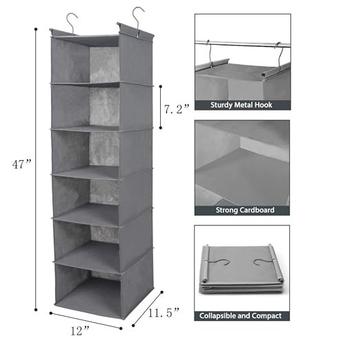 MAX Houser 6 Tier Shelf Hanging Closet Organizer, Closet Hanging Shelf with 2 Sturdy Hooks for Storage, Foldable (Grey)