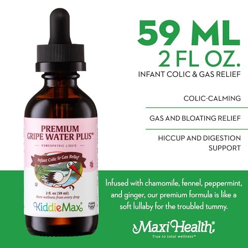 Maxi Health Homeopathic Gripe Water for Babies – Fast Acting Colic Calm Baby Gas Drops for Newborns – Natural Chamomile, Ginger, Peppermint & Fennel Baby Water for Hiccups Kosher (2 fl oz) Kosher