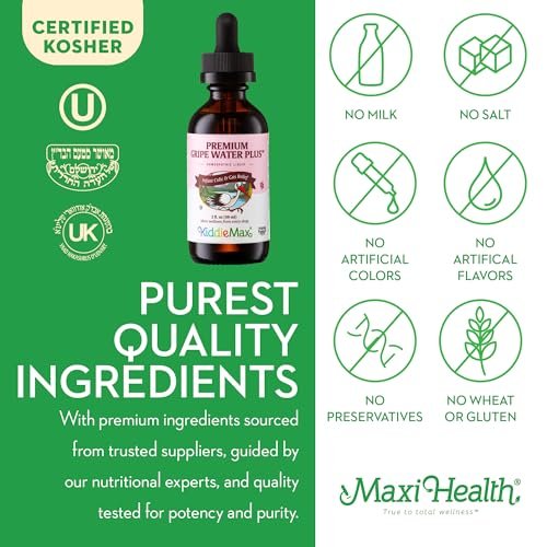 Maxi Health Homeopathic Gripe Water for Babies – Fast Acting Colic Calm Baby Gas Drops for Newborns – Natural Chamomile, Ginger, Peppermint & Fennel Baby Water for Hiccups Kosher (2 fl oz) Kosher