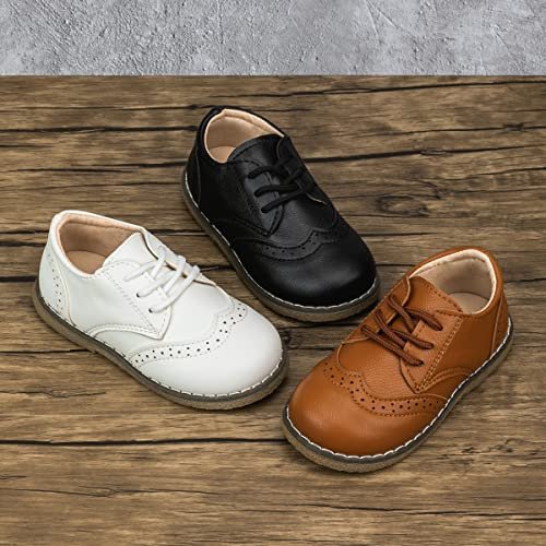 Meckior Toddler Boys Girls Black Dress Shoes Little Kid Oxford Shoes Wedding Church Dress Shoes PU Leather Lace Up School Uniform Loafer Flats