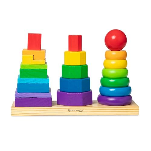 Melissa & Doug Geometric Stacker - Wooden Educational Toy Wooden Shape Sorter And Stacking Toy, Stacking Tower For Babies, Toys For Toddlers And Kids Ages 2+